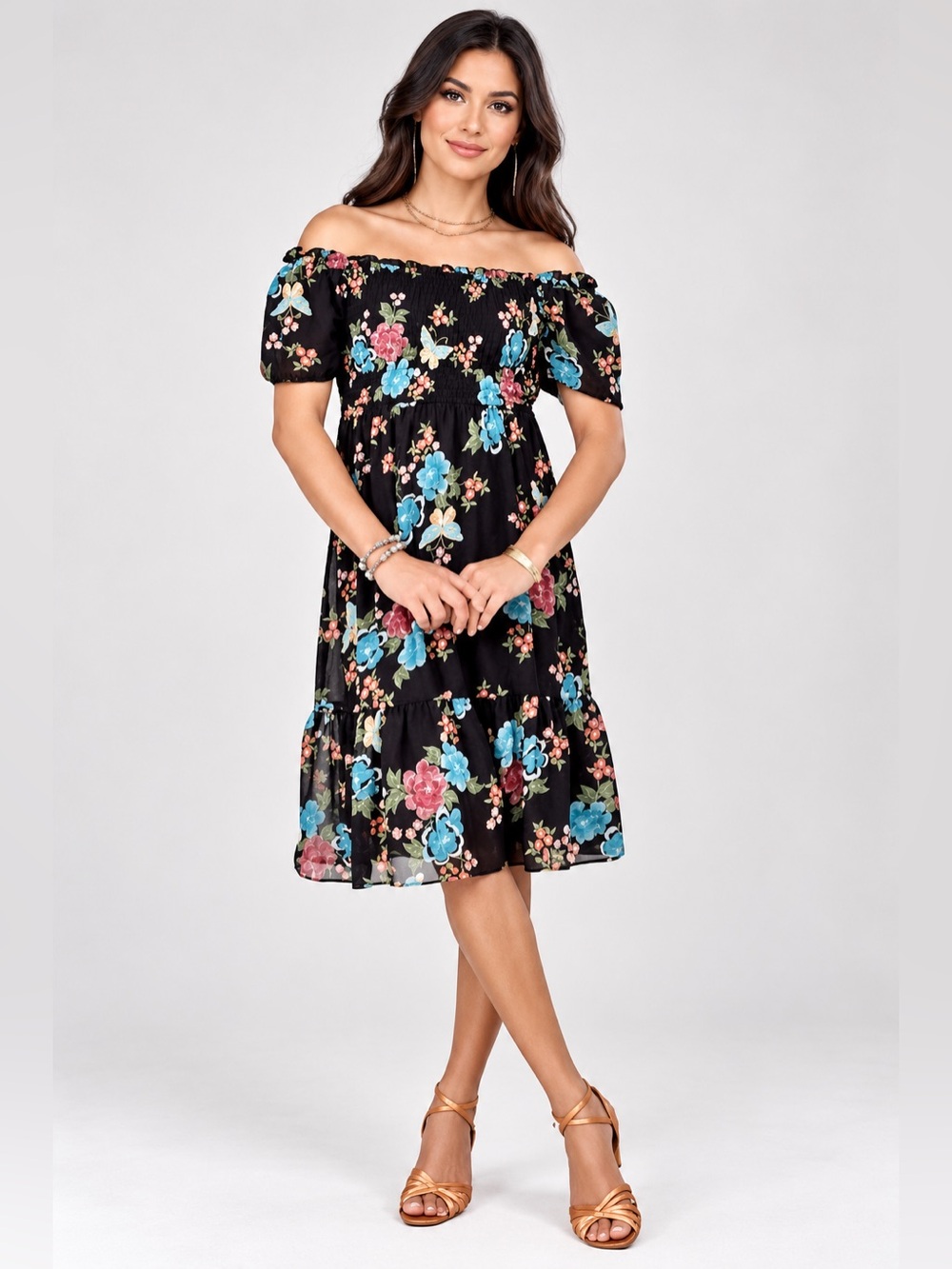 Lauren Conrad Plus Balloon Sleeve Smocked Midi Dress Sz XL Black Butterfly